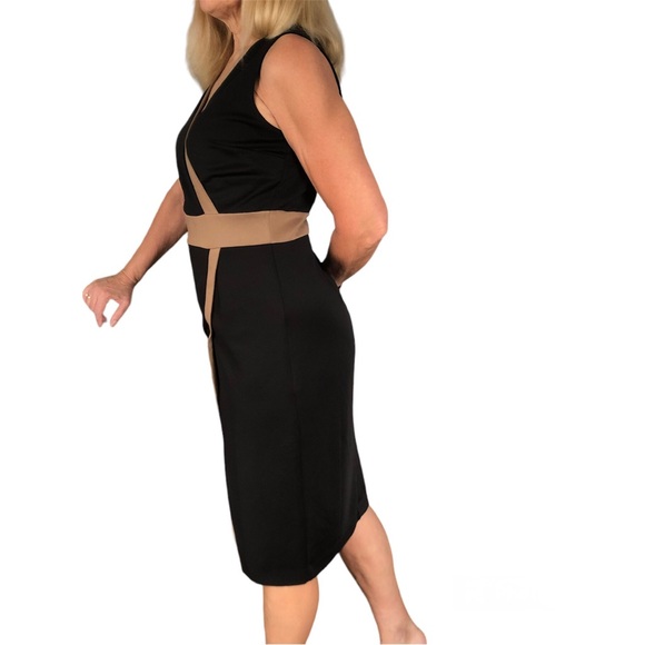 Cleo black with golden beige neck & waist accents mid-calf v-neck size medium - Picture 3 of 4